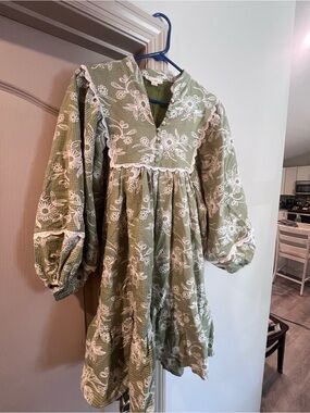 Sage Green Floral Lace-Trim Casual Dress